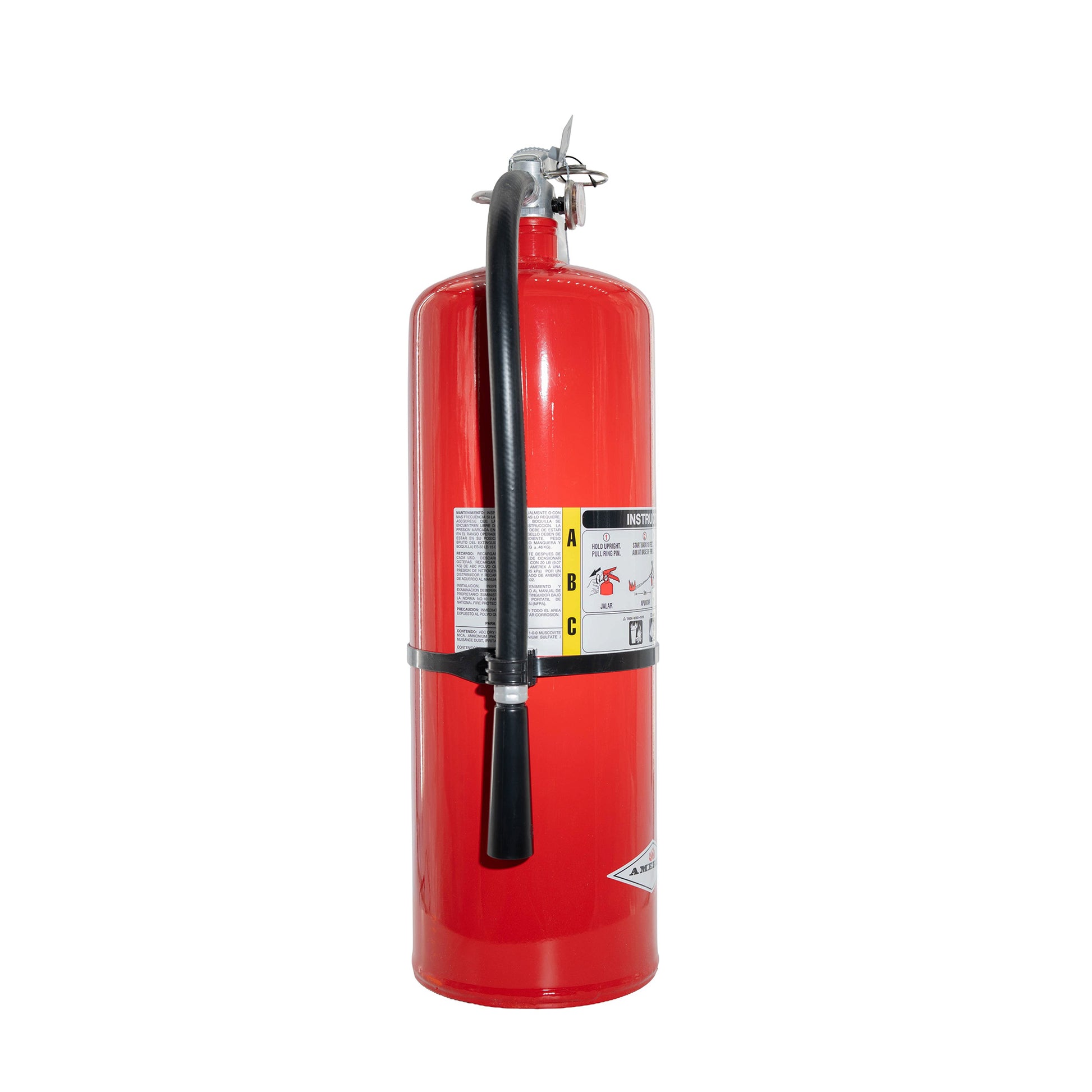 Extintor vermelho com mangueira e manômetro